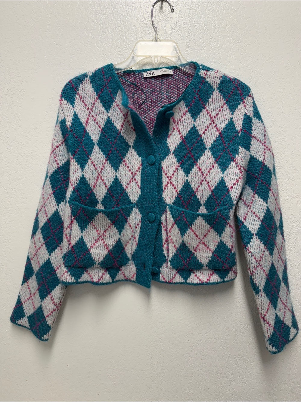Zara Teal, White & Pink Argyle Cardigan